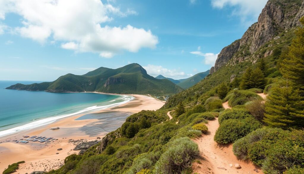 Beach Landscape with Mountains Hiking Trail